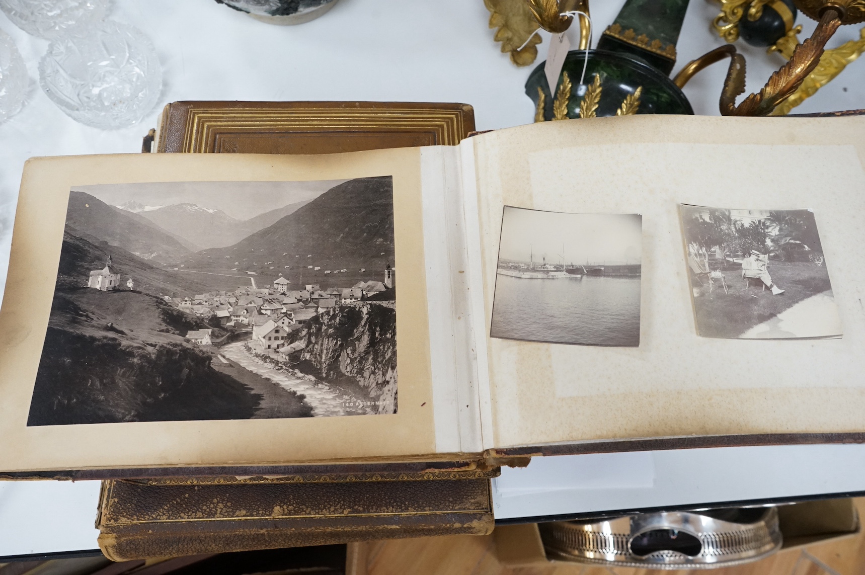 Photograph Albums - four miscellaneous, mostly travel: G.B. (some seaside and harbours), Europe and India; some cabinet portraits; mostly 16 x 22cms. (et infra); various leather bindings. later 19th and earlier 20th cent